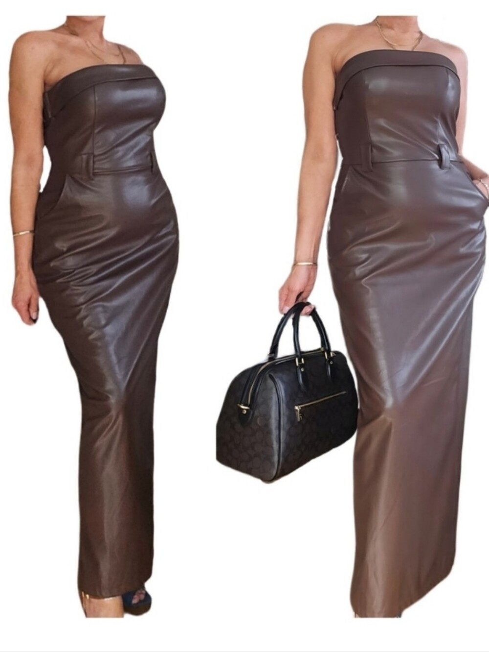 Long Strapless Bodycon Chocolate Brown Faux Leather Vinyl Maxi Dress